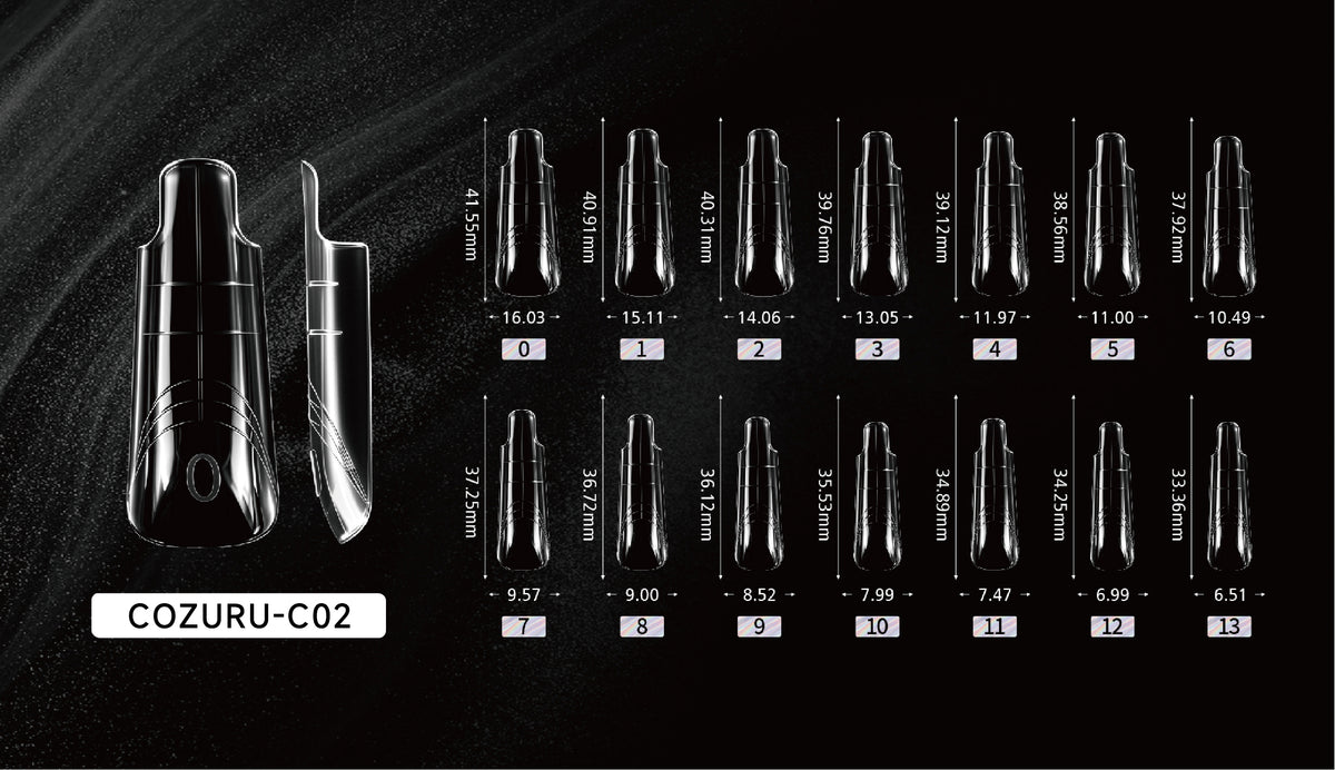 Short square dual forms sizing guide, 14 sizes from thumb to pinky