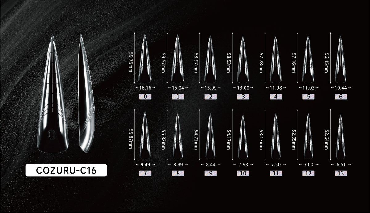 Extra long stiletto dual forms sizing guide for thumb to pinky