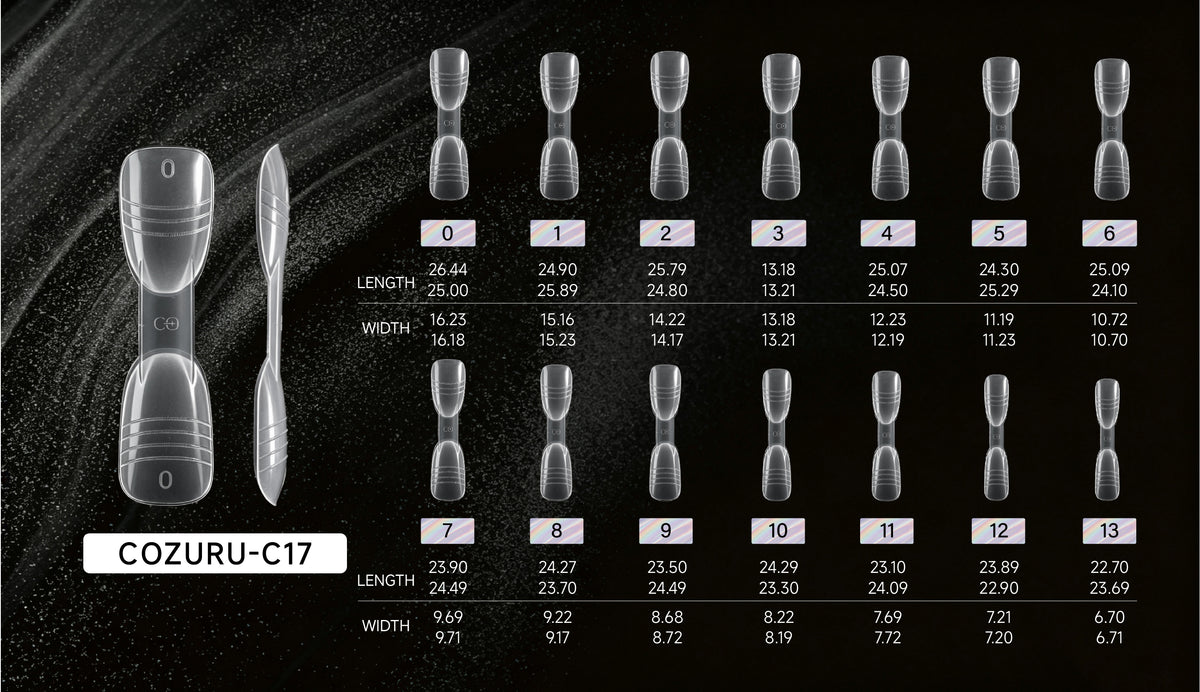 COZURU C17 almond and oval dual forms size chart, 14 sizes