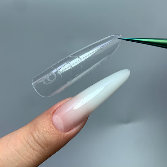 C05 almond nail forms with clear reusable design, close-up view