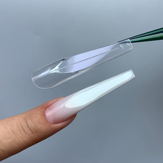 C08 gamer square nail forms with wide flat tip and sharp corners, close-up