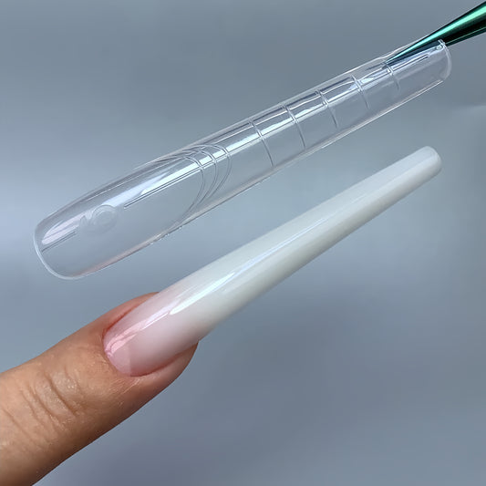 C10 slim tapered nail forms with narrow elongated shape, close-up view